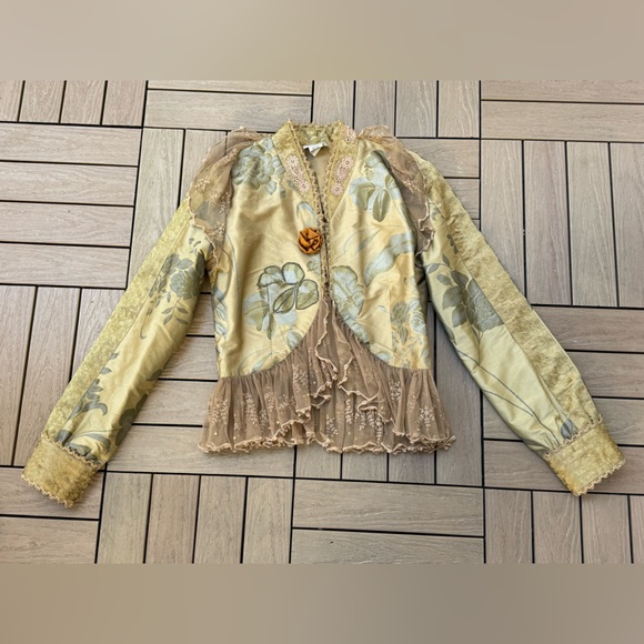 Sandy Starkman floral lace tan long sleeve silk romantic style jacket - Picture 7 of 9